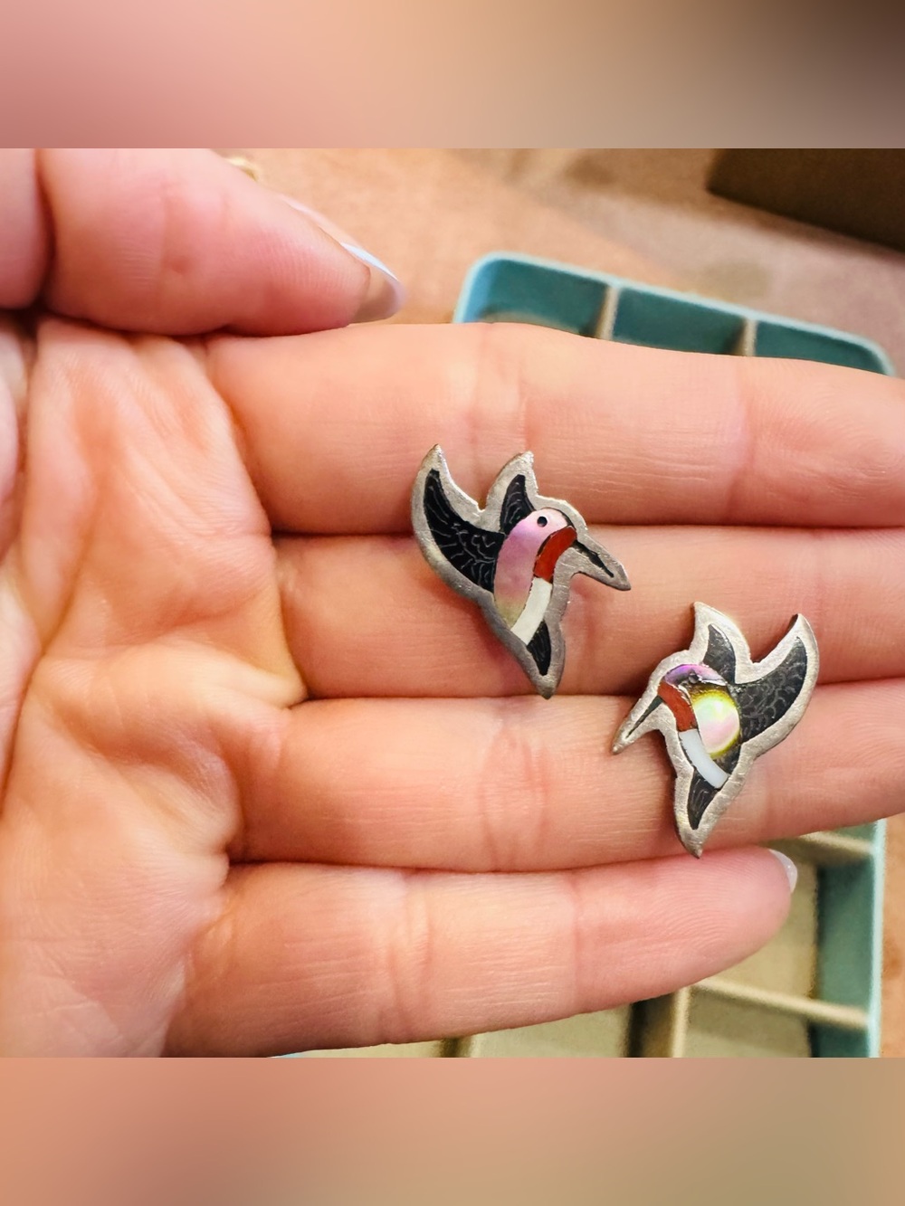 Signed Zuni Sterling Silver Inlay Turquoise Hummingbird Earrings